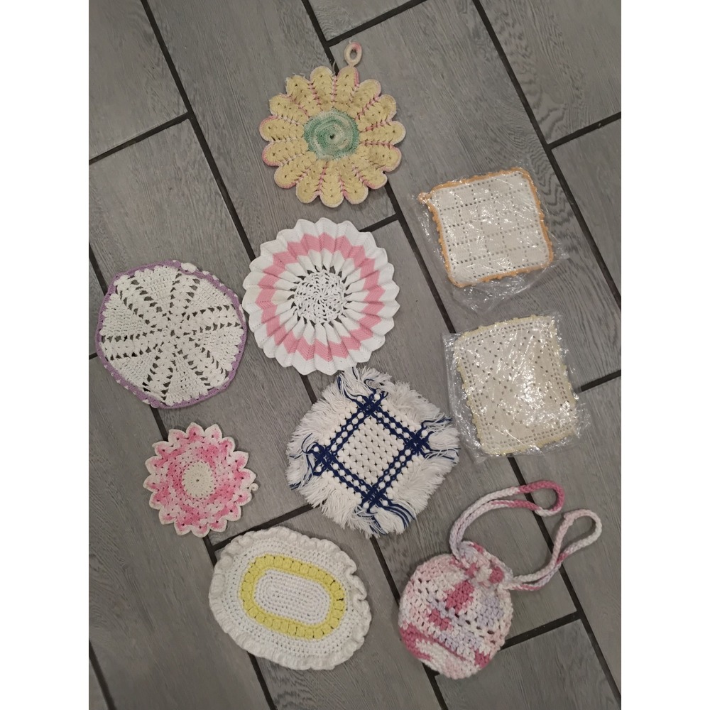 Vintage Handmade Crochet Potholder Doily Set 9pc Mixed Pastels Cottagecore Retro